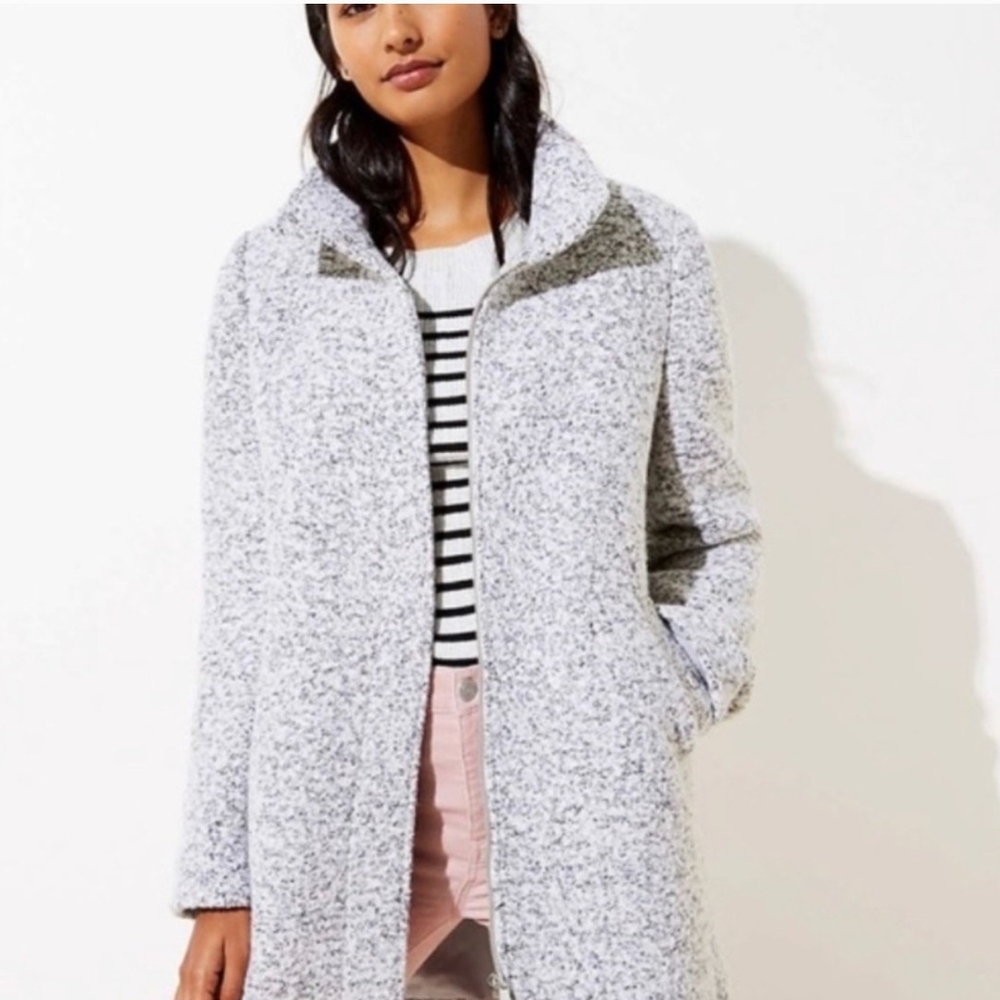 LOFT Gray Boucle Funnel Neck Coat